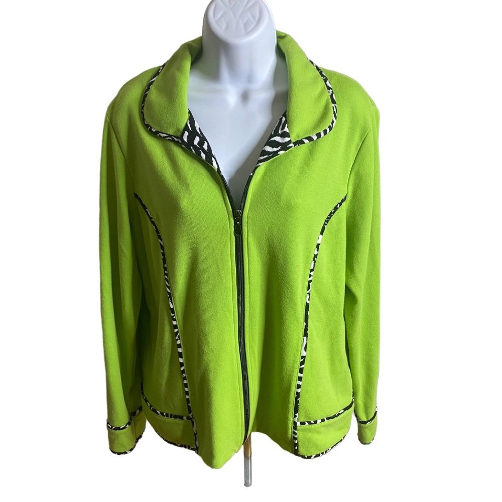 Cafe Au Lait zip front green with zebra print detail jacket size XL